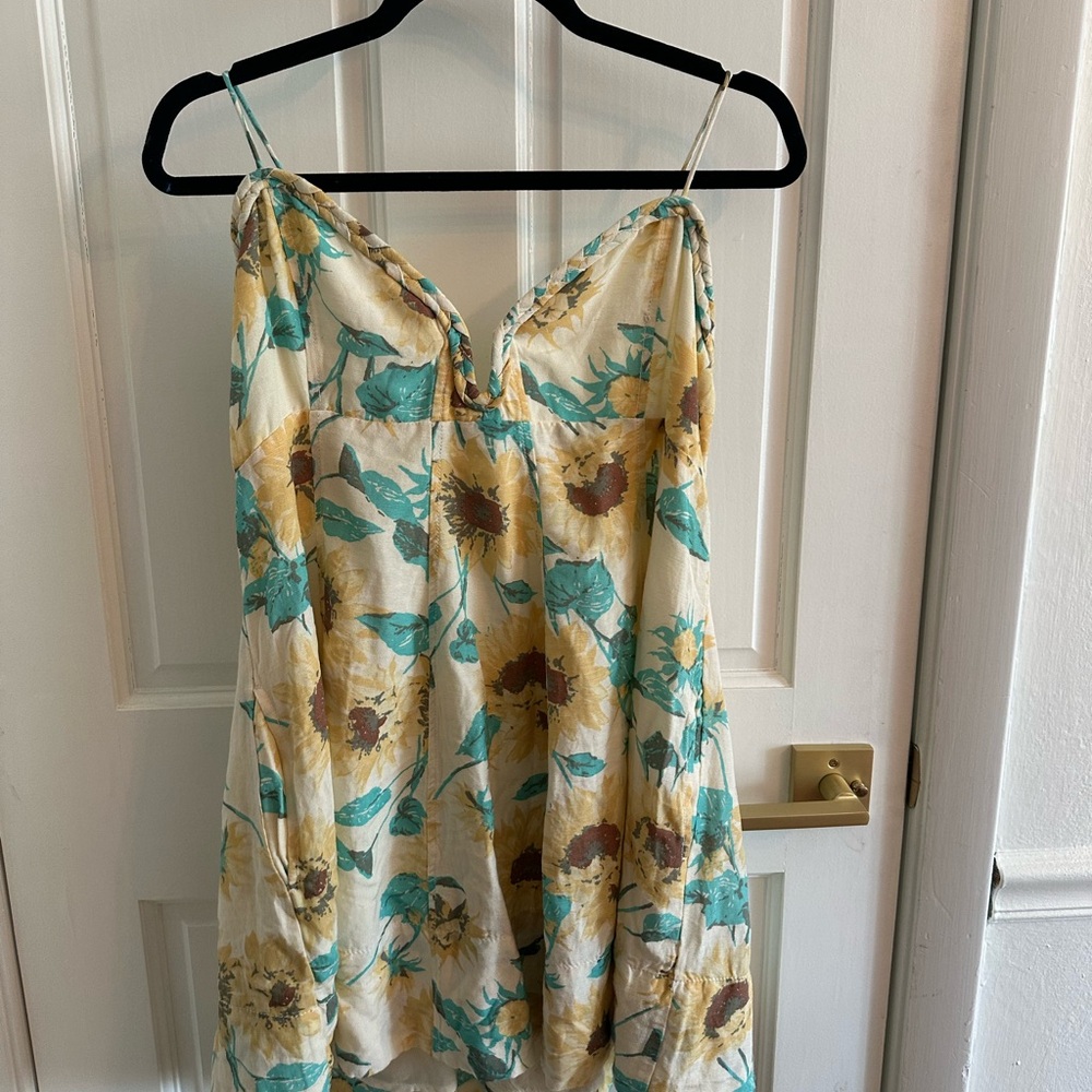 Cream and Green Chemise with Floral Print and Spaghetti Straps
